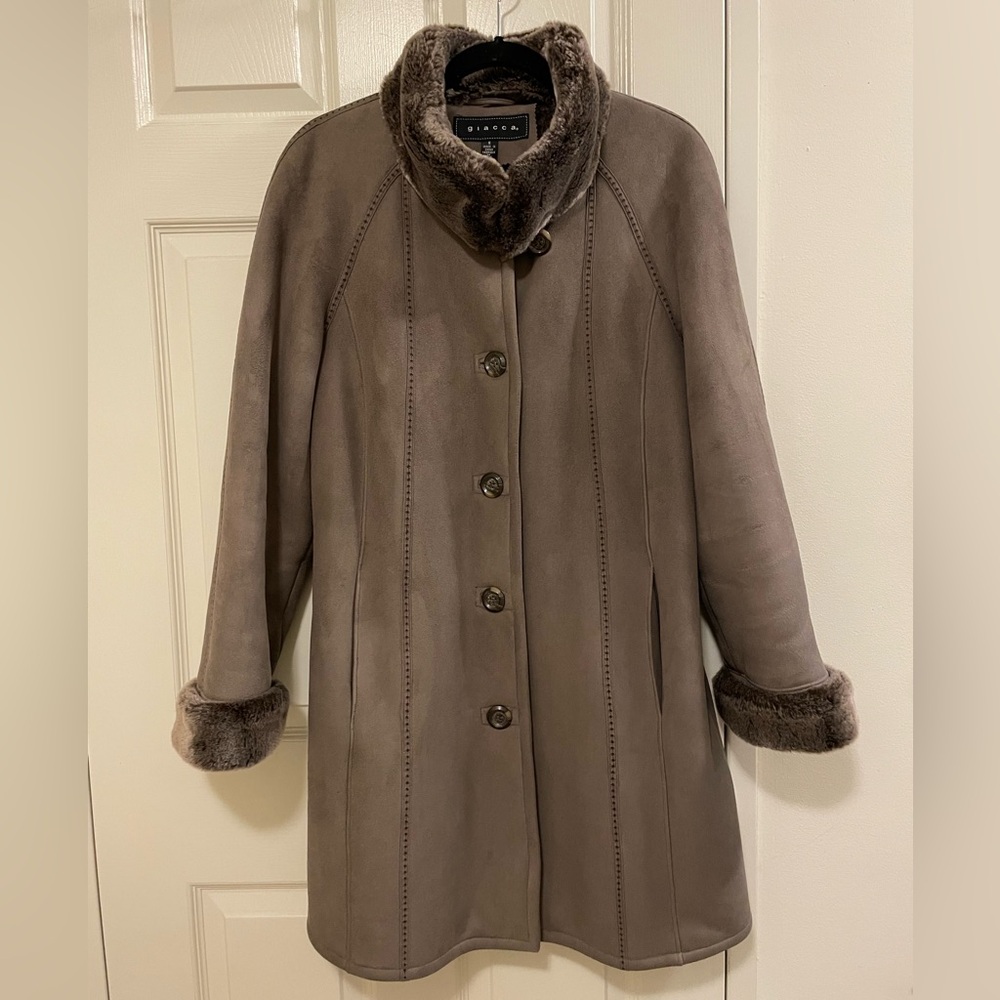 Gallery Brown Faux Fur-Trimmed Coat with suede feel. Excellent condition.